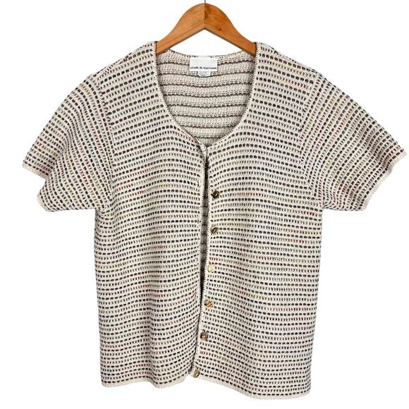Vintage Croft & Barrow Crochet Knit Cream Short Sleeve Button Up Top Sz Small - Picture 6 of 12
